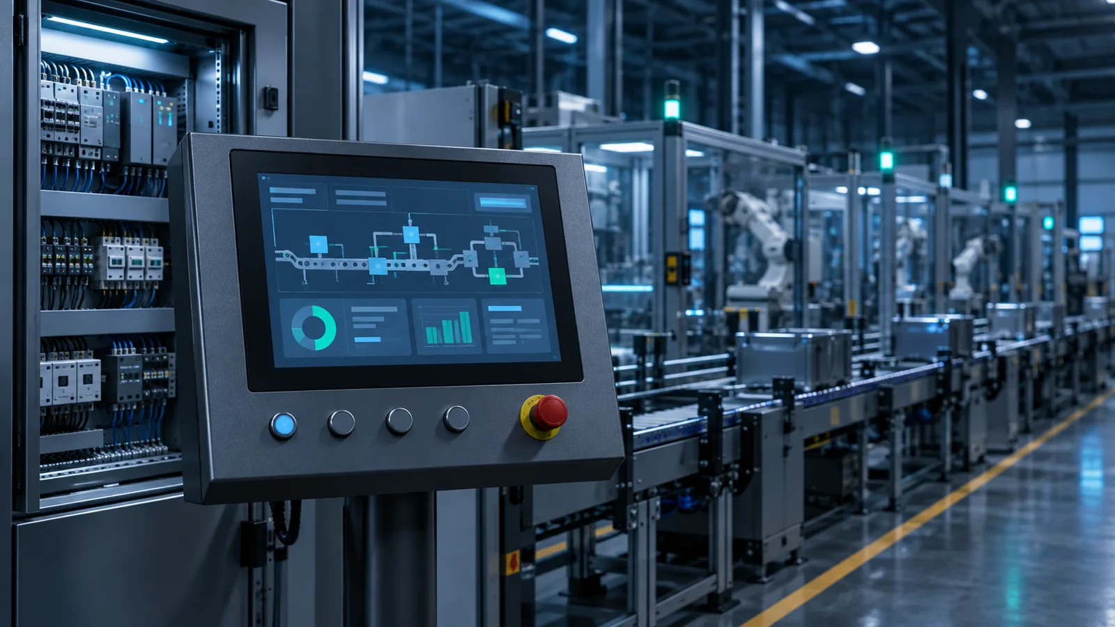 Conceptual illustration of an operator panel and industrial production line
